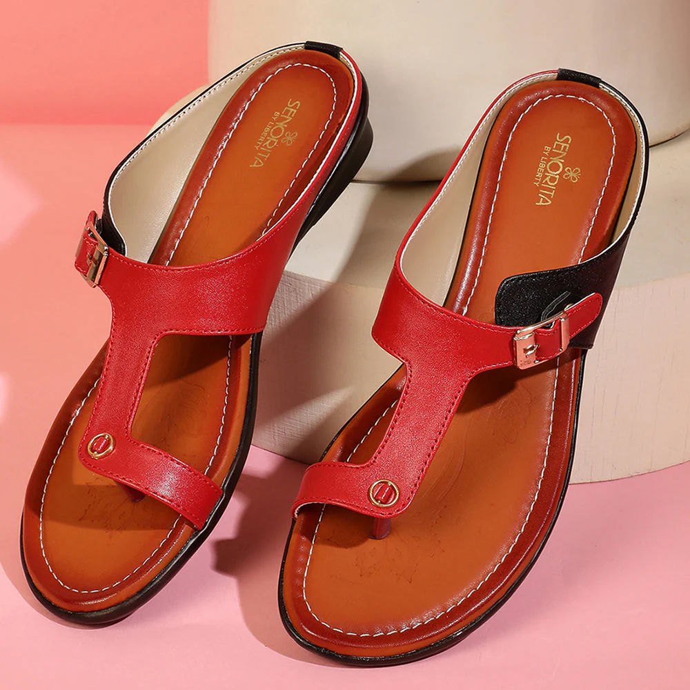 Senorita Red Ethnic Toe Ring Slippers For Women D1-06 By Liberty - Image 5